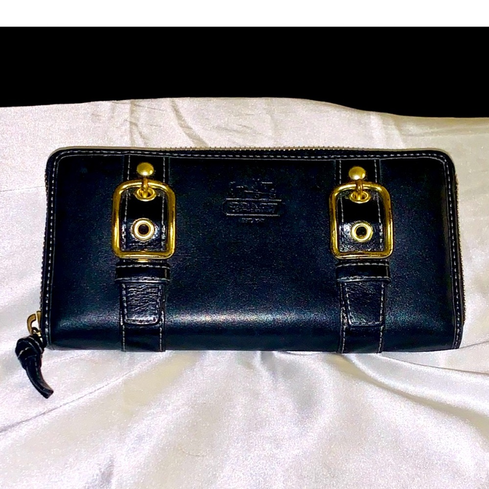 Coach Black Leather Wallet with Gold Buckle Details